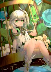 Rule 34 | 1girl, absurdres, bare shoulders, birdcage, bracelet, cage, closed mouth, commentary request, cross-shaped pupils, detached sleeves, dress, feet out of frame, genshin impact, gold trim, gradient hair, green eyes, green hair, hair between eyes, hair ornament, hand up, highres, jewelry, jiuchong ying fengxue, leaf hair ornament, long hair, multicolored hair, nahida (genshin impact), pointy ears, sitting, sleeveless, sleeveless dress, smile, solo, symbol-shaped pupils, white dress, white hair