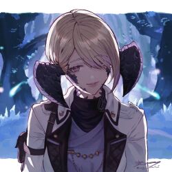 1girl arm_strap au_ra backlighting belt belt_buckle black_belt black_scales black_shirt blonde_hair blue_grass border breasts buckle buttons closed_mouth collared_jacket commentary_request dragon_girl dragon_horns final_fantasy final_fantasy_xiv forest hair_over_one_eye horns jacket lapels layered_clothes looking_at_viewer mugi_kosuta nature open_clothes open_jacket outdoors pink_eyes pouch purple_shirt scales shirt short_hair shoulder_belt shoulder_boards signature single_sidelock small_breasts smile solo tree turtleneck twitter_username upper_body warrior_of_light_(ff14) white_border white_jacket