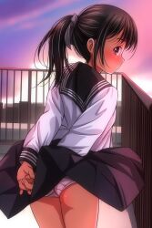 1girl ass black_hair black_skirt blush brown_eyes building city cityscape cloud from_behind grey_ribbon hair_ribbon long_hair long_sleeves looking_at_viewer looking_back matsunaga_kouyou original panties ponytail ribbon rooftop shirt skirt sky skyscraper standing sunset underwear white_panties white_shirt wind wind_lift