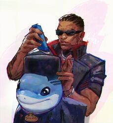 1boy artist_name blade_(marvel) blade_(series) choso_giving_toudou_a_haircut_(meme) coat dark-skinned_male dark_skin high_top_fade highres jeff_(marvel) marvel marvel_rivals meme neo_jpeg shark_boy signature sunglasses tall_hair trench_coat vampire