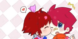 1boy 1girl bandaid bandaid_on_face blue_eyes blush brown_hair chibi hair_ribbon heart highres hikaru_(saru_getchu) jacket kissing_cheek one_eye_closed open_mouth pointy_ears red_hair ribbon saru_getchu sayaka_(saru_getchu) sony spoken_heart surprised twintails