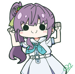 Rule 34 | &gt;:), 1girl, absurdres, aqua neckerchief, arms up, blue dress, blush, c:, chibi, chibi only, clenched hands, closed mouth, cowboy shot, double biceps pose, dress, flexing, flower, hair bun, hair flower, hair ornament, hasu no sora school uniform, highres, link! like! love live!, love live!, medium dress, neckerchief, oofushi ao, otomune kozue, pleated dress, puffy short sleeves, puffy sleeves, red flower, sailor collar, sailor dress, school uniform, short sleeves, side ponytail, signature, simple background, single side bun, smile, solid circle eyes, solo, split mouth, tassel, tassel hair ornament, v-shaped eyebrows, virtual youtuber, white background, white sailor collar