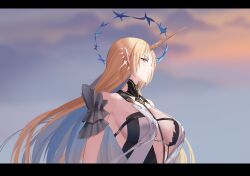 1girl absurdres bare_shoulders black_collar blonde_hair blue_eyes blue_hair blue_sky breasts center_opening closed_mouth collar colored_inner_hair commentary crown_of_thorns dawn english_commentary fleurdelys_(wuthering_waves) highres horns jewelry large_breasts letterboxed long_hair looking_at_viewer multicolored_hair nayami necklace outdoors pointy_ears sideboob single_horn sky solo upper_body very_long_hair wuthering_waves yellow_horns