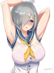 Rule 34 | 1girl, armpits, arms up, artist name, blue eyes, blue sailor collar, blush, bra, bra visible through clothes, breasts, commentary request, gloves, grey hair, hair ornament, hair over one eye, hairclip, hamakaze (kancolle), kantai collection, kurokku, large breasts, looking at viewer, neckerchief, parted lips, pink bra, sailor collar, school uniform, serafuku, shirt, simple background, solo, underwear, upper body, white background, white gloves, white shirt, yellow neckerchief