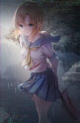 1girl absurdres arms_behind_back blood blood_on_clothes bloody_weapon blue_eyes blue_sailor_collar blue_skirt closed_mouth empty_eyes floating_clothes glitch highres higurashi_no_naku_koro_ni holding holding_weapon looking_at_viewer nata_(tool) neckerchief nyako_(x_nyako_x) orange_hair outdoors pleated_skirt ryuuguu_rena sailor_collar school_uniform serafuku shirt short_hair short_sleeves skirt smile solo standing weapon white_shirt yellow_neckerchief