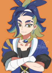 1boy adaman_(pokemon) arm_wrap blue_coat brown_eyes closed_mouth coat collarbone commentary_request crossed_arms earrings eyebrow_cut jewelry male_focus neck_ring nintendo orange_(orangelv20) orange_background pokemon pokemon_legends:_arceus ponytail shirt signature simple_background smile solo upper_body watermark