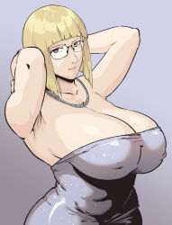 1girl absurdres alternate_costume arms_behind_head blonde_hair bob_cut breasts cleavage dress glasses grey_background grey_dress grey_eyes highres huge_breasts jewelry looking_at_viewer naruto_(series) naruto_shippuuden necklace pearl_necklace ryopie samui_(naruto) short_hair simple_background solo strapless strapless_dress tight_clothes tight_dress upper_body
