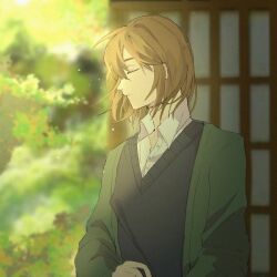 Rule 34 | 1boy, 81506907, black sweater vest, blurry, blurry background, board game, brown hair, chinese commentary, closed eyes, closed mouth, collared shirt, commentary request, day, film grain, green jacket, harada mutei, highres, jacket, male focus, open clothes, open collar, open jacket, saibou shinkyoku, shirt, shogi, short hair, solo, sweater vest, upper body, white shirt