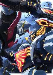Rule 34 | fighting, glowing, glowing eyes, grendizer, grendizer (grendizer u), grendizer u, highres, horns, huge horns, mazinger (series), mazinger x, mazinger z (mecha), mecha, mecha focus, no humans, pilder, robot, science fiction, super robot, taiga hiroyuki, ufo robo grendizer, yellow eyes