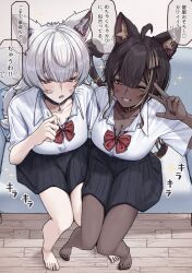 2girls animal animal_ear_fluff animal_ears bisuke_(isbsk_ekaki) blush breasts brown_hair cat_ears cat_girl cat_tail cleavage collar dark-skinned_female dark_skin grey_eyes grey_hair highres multicolored_hair multiple_girls open_mouth original pleated_skirt school_uniform shirt short_hair skirt streaked_hair tail translation_request v whiskers