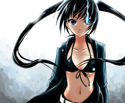 Rule 34 | 10s, 1girl, belt, bikini, bikini top only, black bikini, black hair, black rock shooter, black rock shooter (character), blue eyes, breasts, female focus, long hair, midriff, pochi (pochi-goya), solo, swimsuit, twintails, underboob