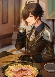 Rule 34 | 1boy, antenna hair, artist name, bowl, brown gloves, brown hair, brown jacket, brown pants, chopstick rest, chopsticks, commentary request, cup, earrings, eyeshadow, food, genshin impact, gloves, hair between eyes, hand on table, highres, hitsujino mery, holding, holding cup, jacket, jewelry, long hair, long sleeves, looking at viewer, makeup, male focus, meat, necktie, pants, red eyeshadow, smile, solo, stew, tassel, tassel earrings, teacup, white necktie, zhongli (genshin impact)
