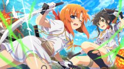 2girls asuka_(senran_kagura) asuka_(senran_kagura)_(cosplay) attack_trail belt_pouch black_hair black_socks blue_eyes blurry blush brown_eyes brown_shoes buttons cosplay crossover day depth_of_field double-breasted dutch_angle explosion game_cg glint gloves hair_ribbon high_ponytail highres higurashi_no_naku_koro_ni higurashi_no_naku_koro_ni_mei holding holding_sword holding_weapon holster kneehighs lens_flare light_particles multiple_girls necktie non-web_source official_art one_eye_closed open_mouth orange_hair outdoors ponytail pouch red_scarf ribbon ryuuguu_rena scarf senran_kagura shirt shoes short_hair short_sleeves skirt socks sparkle sword tears thigh_holster torn_clothes torn_shirt torn_skirt torn_socks wavy_mouth weapon white_gloves white_ribbon white_shirt white_skirt yellow_necktie