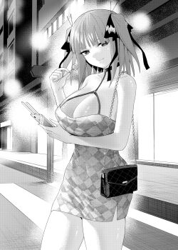 Rule 34 | 1girl, alternate breast size, alternate costume, bag, bare shoulders, breasts, building, butterfly hair ornament, candy, cellphone, cleavage, closed mouth, collarbone, commentary request, dress, food, go-toubun no hanayome, greyscale, hair ornament, halter dress, halterneck, highres, holding, holding phone, kosmos beta, large breasts, lollipop, looking at viewer, medium hair, monochrome, nakano nino, o-ring dress, outdoors, paid reward available, phone, road, short dress, shoulder bag, sleeveless, sleeveless dress, smartphone, solo, standing, street