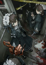 4girls black_dress black_shoes blood bow box brown_hair cardboard_box caution_tape chain chainsaw checkered_bow checkered_clothes coin collar crime_scene dress elevator elevator_door expressionless frilled_collar frills goth_fashion green_eyes hair_between_eyes hair_bow handlebar headdress highres holding holding_chainsaw indoors knife komenomoku lolita_fashion long_hair long_sleeves looking_at_viewer maid_headdress money multiple_girls original scalpel scissors shoes short_hair short_twintails sitting sleeve_bow socks standing string tag twintails v very_long_hair wallet washer white_headdress white_socks