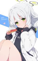 Rule 34 | 1girl, :t, black halo, black hoodie, blue archive, blue background, blush, center-flap bangs, commentary request, cross hair ornament, drawstring, english text, food, food on face, green eyes, green halo, hair intakes, hair ornament, halo, happy birthday, hare (blue archive), heart, highres, hood, hood down, hoodie, jacket, knees up, long hair, long sleeves, looking at viewer, mochigome (ununquadium), open clothes, open jacket, pie, ponytail, print headwear, sidelocks, sitting, sleeves past wrists, solo, thighs, white background, white hair, white jacket
