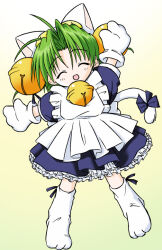 1girl ahoge animal_hat apron arms_up bell blue_bow blue_dress blue_ribbon bow cat_girl cat_hat cat_tail closed_eyes commentary_request dejiko di_gi_charat dress facing_viewer footwear_ribbon frilled_apron frills full_body gradient_background green_background green_hair hair_bell hair_ornament hair_ribbon hat hyoi_(black_birds) jingle_bell medium_hair mittens neck_bell open_mouth parted_bangs paw_shoes petticoat ribbon shoes smile solo standing tail tail_bow tail_ornament three-quarter_sleeves two-tone_background two_side_up white_apron white_background white_hat white_mittens white_shoes