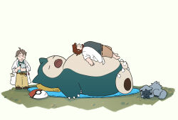 Rule 34 | 2boys, 2others, blue shirt, brown pants, brown shorts, claws, clipboard, closed eyes, eye mask, fang, gen 1 pokemon, gen 3 pokemon, highres, holding, holding clipboard, lab coat, looking at another, multiple boys, multiple others, nintendo, open mouth, pants, poke ball, pokemon, pokemon (creature), pokemon oras, pokemon sleep, poochyena, professor birch, professor neroli, shirt, shorts, snorlax, takichizento, white background