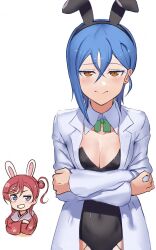 Rule 34 | 2girls, animal ears, bad id, bad twitter id, blue eyes, blue hair, breasts, cleavage, closed mouth, crossed arms, detached collar, earrings, hair between eyes, hair bun, highres, jewelry, jyon, lab coat, leotard, love live!, love live! superstar!!, medium breasts, multiple girls, open mouth, playboy bunny, rabbit ears, red hair, simple background, single side bun, smile, wakana shiki, white background, yellow eyes, yoneme mei