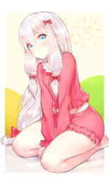 10s 1girl 3: between_legs blue_eyes blush bow closed_mouth eromanga_sensei female_focus frills hair_between_eyes hair_bow hand_between_legs highres horz izumi_sagiri long_hair long_sleeves looking_at_viewer low-tied_long_hair pajamas pink_bow shorts sitting solo spiral thighs v_arms white_hair