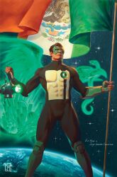 1boy bird black_bodysuit black_hair bodysuit dc_comics domino_mask eagle earth_(planet) green_bodysuit green_lantern green_lantern_(series) highres jewelry jorge_molina kyle_rayner male_focus mask mexican_flag mexico multicolored_bodysuit muscular muscular_male planet ring snake solo space two-tone_bodysuit
