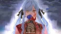 1girl absurdres bang_dream! bang_dream!_it&#039;s_mygo!!!!! blue_brooch blue_flower blue_hair blue_rose commentary dated fire flower hair_ribbon hashtag-only_commentary highres holding holding_flower lingjiu_yuki long_hair oblivionis_(bang_dream!) red_flower red_rose red_shirt ribbon rose shirt sidelocks solo togawa_sakiko upper_body watermark weibo_watermark yellow_eyes