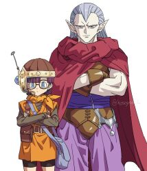 1boy 1girl bag bike_shorts black_shorts blue_bag blue_eyes brown_gloves brown_shirt chrono_trigger cloak cowboy_shot crossed_arms earrings furrowed_brow glasses gloves grey_hair hair_slicked_back harness headset helmet hosodayo jewelry long_hair long_sleeves lucca_ashtear magus_(chrono_trigger) neckerchief orange_eyes orange_neckerchief orange_tunic pants pointy_ears purple_pants red_cloak shirt short_hair shorts shoulder_bag tooth_earrings toriyama_akira_(style) tunic twitter_username white_background widow&#039;s_peak