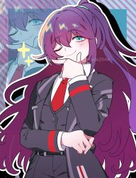 1boy black_coat black_hair black_pants black_vest blue_eyes coat collared_shirt high_ponytail highres hong_lu_(project_moon) limbus_company long_hair long_sleeves looking_at_viewer male_focus necktie one_eye_closed pants ponytail project_moon purple_background red_necktie rug_(yurari606) shirt simple_background solo standing upper_body very_long_hair vest white_shirt