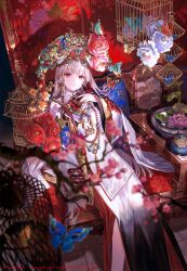 1girl artist_name bead_necklace beads blurry blurry_foreground cage choppy_bangs commentary_request dress feet_out_of_frame fingernails flower fuzichoco hand_up highres jewelry long_fingernails long_hair long_sleeves looking_at_viewer necklace original parted_lips red_eyes red_flower red_nails sitting solo twitter_username white_dress white_flower white_hair wide_sleeves