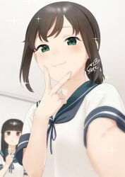 Rule 34 | 2girls, :3, adversarial noise, black hair, blue neckerchief, blunt bangs, blush, brown hair, commentary request, from below, fubuki (kancolle), green eyes, green sailor collar, hair between eyes, hand up, hatsuyuki (kancolle), hime cut, indoors, kantai collection, long hair, long sidelocks, looking at viewer, low ponytail, medium hair, multiple girls, neckerchief, ponytail, red eyes, sailor collar, sakiecho, selfie, shirt, short sleeves, sidelocks, signature, smile, solo focus, sparkle, v, white shirt