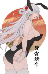 1girl absurdres animal_ears ass ass_focus back black_leotard blue_eyes breasts chinese_zodiac detached_collar earrings fang flower from_behind grabbing_own_ass hair_between_eyes happy_new_year highres jewelry large_breasts leotard long_hair looking_at_viewer new_year nompang open_mouth original playboy_bunny rabbit_ears rabbit_tail red_background red_flower red_rose rose skindentation solo strapless strapless_leotard sun_symbol tail teeth thighhighs thighs tongue tongue_out two-tone_background unfinished very_long_hair white_background white_hair white_thighhighs year_of_the_rabbit