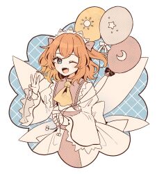 Rule 34 | 1girl, ;d, ascot, balloon, blue eyes, bow, commentary, crescent print, dress, fairy wings, fangs, frilled sleeves, frills, hair bow, highres, holding, holding balloon, long sleeves, looking at viewer, mozukuzu (manukedori), one eye closed, open mouth, orange hair, red ascot, short hair, smile, solo, star (symbol), star print, sun print, sunny milk, touhou, two side up, white dress, wide sleeves, wings