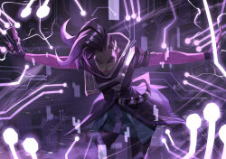 1girl asymmetrical_hair circuit_board dark-skinned_female dark_skin jumpsuit medium_hair nesskain overwatch overwatch_1 pink_lips purple_hair purple_theme short_sleeves sidecut sombra_(overwatch) undercut