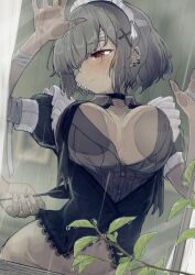 Rule 34 | 1girl, against glass, arm up, bandaged arm, bandaged hand, bandaged head, bandages, black choker, blush, body freckles, bouhuman, breast press, breasts, breasts apart, breasts on glass, choker, closed mouth, cross hair ornament, crying, crying with eyes open, ear piercing, earrings, empty eyes, freckles, from outside, furrowed brow, grey hair, hair ornament, hand on glass, hand on window, hand up, highres, jewelry, large breasts, leaning forward, long hair, looking to the side, maid, maid headdress, multiple earrings, navel, no bra, one eye covered, original, piercing, puffy short sleeves, puffy sleeves, rain, red eyes, shirt, short hair, short sleeves, snot, solo focus, stomach, tears, unaligned breasts, upper body, water, window
