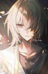 Rule 34 | 1boy, anaxa (honkai: star rail), aqua hair, blood, bloody tears, blue eyes, collarbone, greco-roman clothes, hair between eyes, half-closed eyes, highres, honkai: star rail, honkai (series), looking at viewer, male focus, medium hair, mg omom, multicolored eyes, pink eyes, pink pupils, side ponytail, solo, twitter username, two-tone eyes, upper body, yellow blood