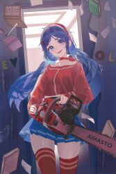 1girl bad_source blue_hair blue_skirt blush book bow bow_choker breasts chainsaw choker crazy_mita_(miside) facing_viewer floating_hair hair_ornament hairband hairclip head_tilt highres holding holding_chainsaw indoors long_sleeves looking_at_viewer miside mita_(miside) official_art open_mouth pleated_skirt red_bow red_hairband red_shirt red_thighhighs shirt skirt smile solo teeth thighhighs twintails upper_teeth_only