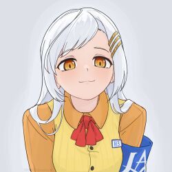 1girl :3 absurdres armband blue_armband grey_background hair_ornament hairclip highres jaxa long_hair looking_at_viewer mecha_musume orange_eyes orange_shirt original personification sbarky38 shirt simple_background solo vest white_hair yellow_vest