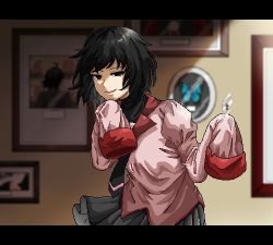1girl araragi_koyomi black_hair black_necktie black_skirt black_undershirt blue_butterfly bob_cut breasts bug butterfly commentary fishbowl_meguri glass_shard glass_shards grin hair_strand hand_on_own_chin holding holding_glass_shard insect letterboxed long_sleeves looking_at_viewer messy_hair monogatari_(series) naoetsu_high_school_uniform necktie oshino_ougi picture_frame pixel_art pleated_skirt school_uniform shaded_face short_hair silhouette skirt sleeves_past_fingers sleeves_past_wrists small_breasts smile smug solo swallowtail_butterfly turtleneck upper_body w_arms