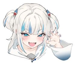 1girl artist_name blue_eyes blue_hair blue_nails claw_pose commentary_request fangs gawr_gura gawr_gura_(1st_costume) hair_ornament highres hololive hololive_english hood hoodie koage long_hair long_sleeves looking_at_viewer multicolored_hair nail_polish open_mouth shark_hair_ornament simple_background skin_fangs solo streaked_hair two_side_up virtual_youtuber white_background white_hair white_hoodie
