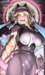 2girls absurdres black_dress black_pantyhose black_veil blonde_hair blue_eyes blue_veil blush braid braided_ponytail breast_curtains breasts chibi closed_eyes commentary cowboy_shot cross cross_bracelet cross_facial_mark dress drooling facial_mark female_pervert framed_breasts goddess_of_victory:_nikke grin halo heart heart-shaped_pupils highres horns indoors large_breasts long_hair looking_at_viewer mechanical_horns mouth_drool multicolored_halo multiple_girls nun open_mouth pantyhose pelvic_curtain pervert rapunzel_(nikke) rapunzel_(pure_grace)_(nikke) red_hair red_hood_(nikke) smile solo_focus sparkle standing sweat symbol-shaped_pupils taut_clothes teeth two-sided_fabric two-sided_veil two-tone_veil upper_teeth_only usa_tanuki veil very_long_hair wavy_mouth