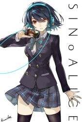 Rule 34 | 1girl, alice (sinoalice), anki (sinoalice), black hair, black thighhighs, blazer, bow, bowtie, cable, cellphone, copyright name, cover, cover page, doll, dress shirt, gishin (sinoalice), hair between eyes, hand up, headphones, highres, himiko (326ontheweb), holding, holding phone, jacket, manga cover, official art, open hand, parted lips, phone, plaid clothes, plaid skirt, reality arc (sinoalice), red eyes, shirt, short hair, signature, simple background, sinoalice, skirt, smartphone, solo, thighhighs, user interface, white background, zettai ryouiki