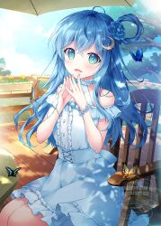 1girl bare_shoulders blue_dress blue_eyes blue_hair blush bracelet breasts bug butterfly chair choker dress hair_ornament highres insect jewelry long_hair looking_at_viewer mikeou open_mouth original outdoors sitting smile solo table umbrella