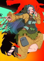 1girl absurdres apron between_fingers blue_hair blue_nails bow chisel commentary_request flower frilled_sleeves frills green_apron green_bow green_headscarf green_headwear green_skirt half-closed_eyes hand_to_own_mouth hands_up haniyasushin_keiki headscarf highres holding holding_paintbrush jewelry juliet_sleeves long_hair long_sleeves looking_at_viewer magatama magatama_necklace mesuosushi nail_polish necklace object_in_pocket open_mouth outstretched_arm overskirt paintbrush pleated_skirt pocket puffy_sleeves red_eyes sandals shirt single_strap skirt smile solo squatting tools touhou very_long_hair waist_bow white_flower wide_sleeves yellow_shirt yellow_skirt