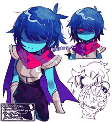 Rule 34 | 1girl, 1other, antenna hair, armor, armored gloves, arms at sides, bags under eyes, black bodysuit, blue hair, blue skin, bob cut, bodysuit, cape, closed mouth, colored skin, commentary, cropped legs, cropped torso, deltarune, english commentary, frown, gloves, grey gloves, hair over eyes, hair over one eye, kris (deltarune), looking at viewer, multiple views, one eye covered, pink cape, purple cape, red eyes, repikinoko, shaded face, shoulder armor, simple background, sleeveless, sleeveless bodysuit, susie (deltarune), twitter username, two-tone cape, upturned eyes, watermark, white background