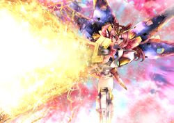 Rule 34 | 1girl, ahoge, blue eyes, brown hair, buster rifle, commentary request, cosplay, energy gun, gun, gundam, gundam wing, hair between eyes, highres, holding, holding gun, holding weapon, horse girl, long hair, mecha musume, mihono bourbon (umamusume), open mouth, science fiction, solo, umamusume, v-fin, w00l 09, weapon, wing gundam zero, wing gundam zero (cosplay)