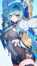 Rule 34 | 1girl, absurdres, arm up, black hairband, blue hair, blue necktie, bodystocking, breasts, chest harness, commentary, covered navel, cowboy shot, eula (genshin impact), genshin impact, hairband, harness, high-waist shorts, highres, juliet sleeves, large breasts, long sleeves, looking at viewer, medium hair, necktie, parted lips, puffy sleeves, purple eyes, shorts, side cape, solo, song of broken pines (genshin impact), underboob, vision (genshin impact), white sleeves, yasaikakiage