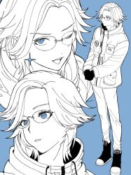 1boy 2_v_z aotsuki_eito blue_background blue_eyes drawstring glasses gloves highres hood hooded_jacket jacket male_focus multiple_views one_eye_closed pants shoes short_hair sparkle spot_color the_hundred_line_-last_defense_academy-