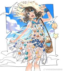 1girl artist_request bag blue_bow blue_choker blue_eyes blue_shorts blue_sky border bow brown_hair choker cloud commission dress feet_out_of_frame fishnet_dress hand_on_headwear hand_up hat highres marcus_(on_the_white_sand)_(reverse:1999) marcus_(reverse:1999) medium_hair official_alternate_costume outside_border reverse:1999 second-party_source shell short_shorts shorts shoulder_bag simple_bird sky sleeveless sleeveless_dress solo standing starfish strapless straw_hat tube_top very_low_bun watermark weibo_watermark white_border white_tube_top wrist_bow yellow_hat