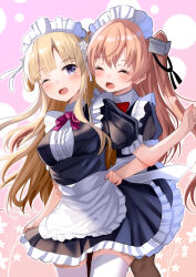 2girls absurdres alternate_costume apron black_dress black_thighhighs blonde_hair blush breasts brown_hair closed_eyes double_bun dress enmaided fletcher_(kancolle) frilled_apron frilled_dress frills hair_bun hair_ornament hairband highres himura_moritaka johnston_(kancolle) kantai_collection large_breasts long_hair maid maid_apron maid_headdress medium_breasts multiple_girls one_eye_closed pink_background puffy_short_sleeves puffy_sleeves purple_eyes short_sleeves smile star_(symbol) star_hair_ornament thighhighs two_side_up waist_apron white_apron white_thighhighs wrist_cuffs