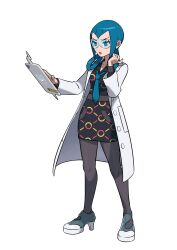 1girl absurdres aqua_eyes aqua_hair aqua_necktie artist_request coat collared_dress dress eyelashes eyeliner full_body gen_4_pokemon glasses hands_up high_heels highres knees long_hair long_sleeves looking_down mable_(pokemon) makeup necktie nintendo official_art open_clothes open_coat outline pantyhose parted_lips pokemon pokemon_legends:_z-a rotom second-party_source solo standing tablet_pc tachi-e transparent_background white_coat white_outline